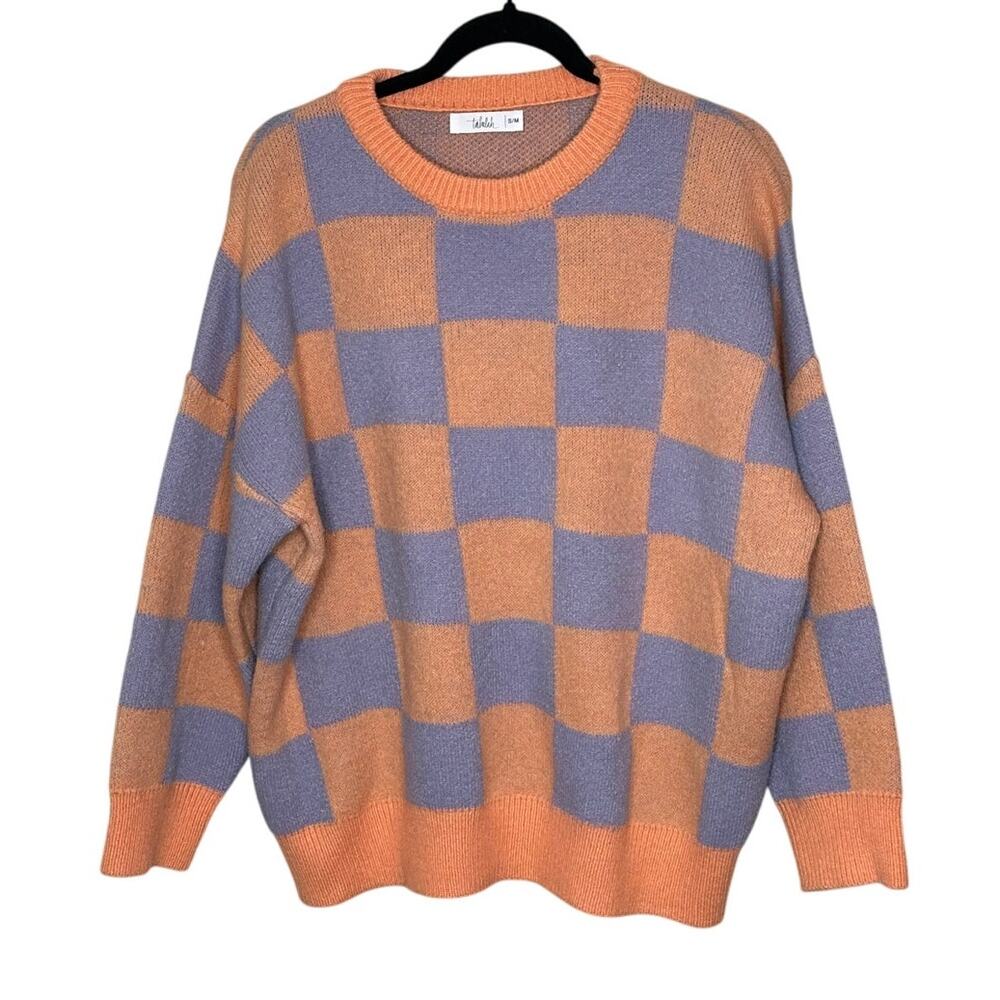 Talulah Orange Purple Check Long Sleeve Sweater Crewneck Soft Winter Artsy M